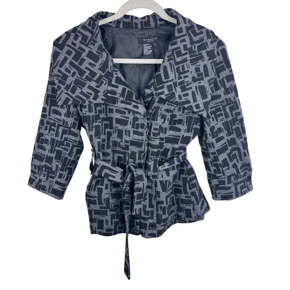 Sandro Black Gray Collared Belted Soft Shell Trendy Dressy Button Up Jacket Sz S - Picture 1 of 5